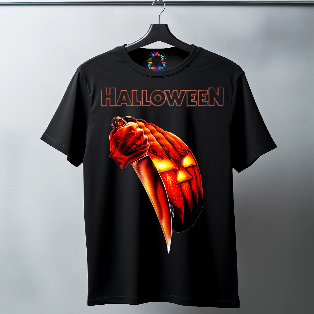 Halloween Movie T-Shirt (Large) – Pumpkin with Knife Horror Design