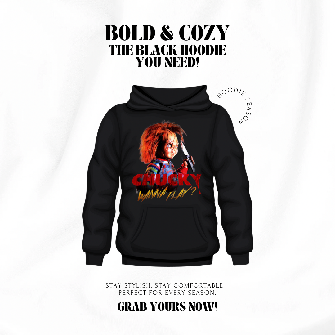 Chucky “Wanna Play?” Hoodie (Medium) – Horror Movie Inspired Unisex Pullover